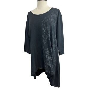 Blue Fish Tunic Top Women L Black Good Organic Cotton Hand Printed USA Made